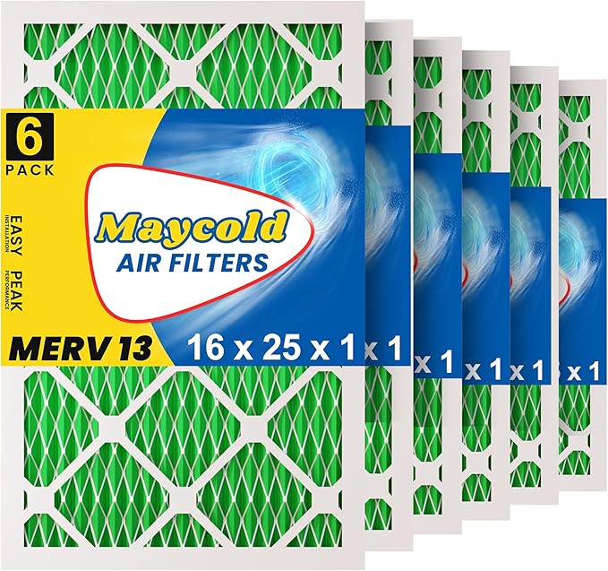 Maycold MERV 13 16x25x1 Air Filter (6-Pack), High-Efficiency Pleated AC & Furnace Filters, Actual Size: 15.70" x 24.70" x 0.75", Individually Wrapped in Plastic