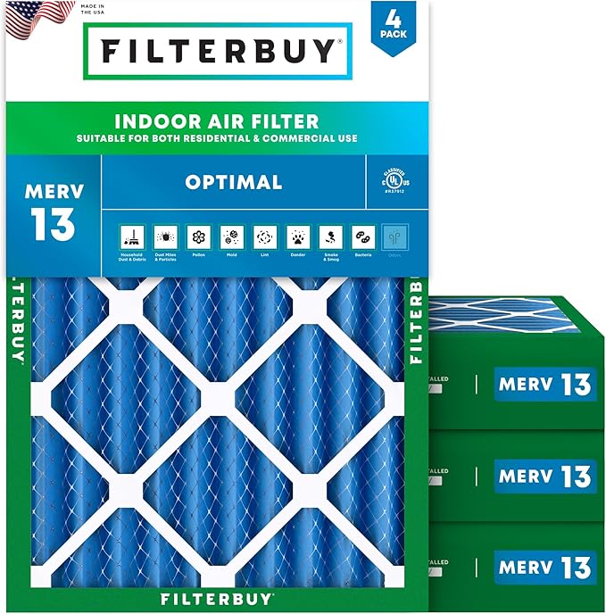 Filterbuy 18x20x4 Air Filter MERV 13 Optimal Smoke & Allergy Defense (4-Pack), Electrostatic Pleated HVAC AC Furnace Filters Replacement, Made in USA (Actual Size: 17.50 x 19.50 x 3.63)