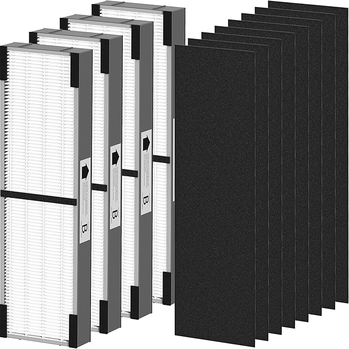 4 Pack FLT4825SM Filter B Smoke Clear Replacement for G-Guardian Air Purifiers AC4825 AC4825E AC4825W AC4300 AC4800 AC4850 AC4900, 4 Filters & 8 Carbon Pre-Filters, Grey, For Office Livingroom Bedroom