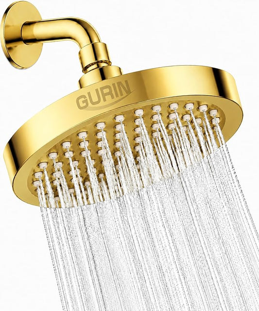 GURIN Shower Head - Powerful High Pressure Rain Shower Head 6 Inch - Luxury Rainfall Showerhead with Adjustable Angles, 90 Anti-Clog Nozzles, Tool-Free 1-Min Install, Premium Gold Plated Finish