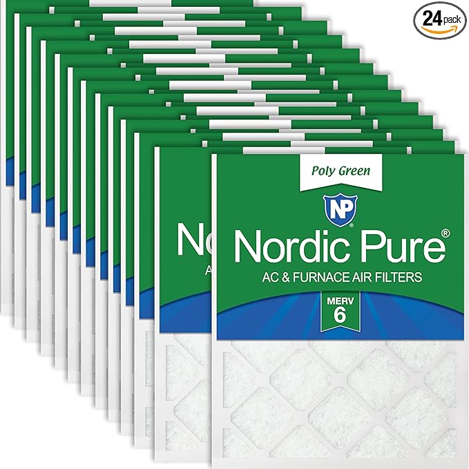 Nordic Pure 20x24x1 (Actual Size: 19 1/2 x 23 7/16 x 3/4) Poly Green MERV 6 AC Furnace Air Filters – Reduces Dust, Pollen, Pet Dander & Allergens – 24-Pack