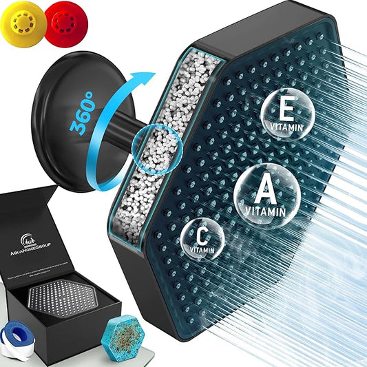 AquaHomeGroup Luxury Rain Shower Head with Filter - Reduces Chlorine, Rust and Sediment - Vitamin C E and A - High Pressure - Spa Effect - Black