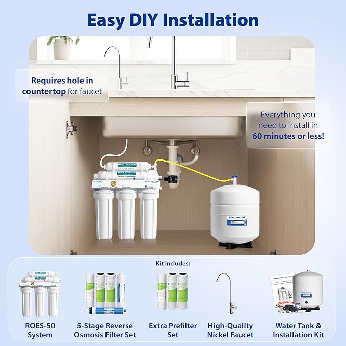 APEC Water ROES-50X 5-Stage Under Sink Reverse Osmosis Water Filter System, NSF Certified 372 & 58, 50 GPD, with Extra High Capacity Pre-Filter Set Stage 1-3