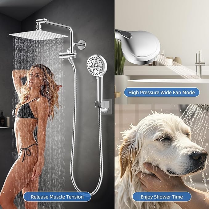 All Metal Shower Head, 10" High Pressure Rainfall/Handheld Shower Combo with 11" Extension Arm, 10-Spray Handheld Showerhead, 71" Long Hose, 3-Way Diverter Valve, Chrome