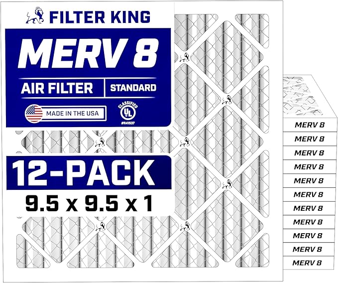 Filter King 9.5x9.5x1 Air Filter (MERV 8) (12-Pack) Dust & Allergy Control AC Furnace Filters, MADE IN USA, HVAC, Pleated, Electrostatic (Actual Size: 9.5 x 9.5 x .75)