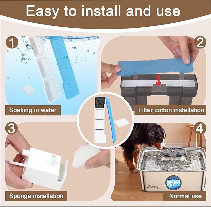 Kastty 15L Dog Water Fountain Filter Replacement, Pet Water Fountain Filter Made of Activated Carbon and PP Cotton, 6 Pack Dog Water Filter Dispenser 6 Pack Pre-Filter Sponge with 6 Pump Sponge