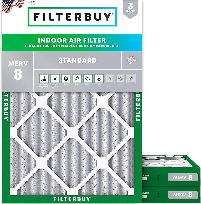 Filterbuy 24x30x2 Air Filter MERV 8 Essential Dust & Allergy Defense (3-Pack), Electrostatic Pleated HVAC AC Furnace Filters Replacement, Made in USA (Actual Size: 23.50 x 29.50 x 1.75)