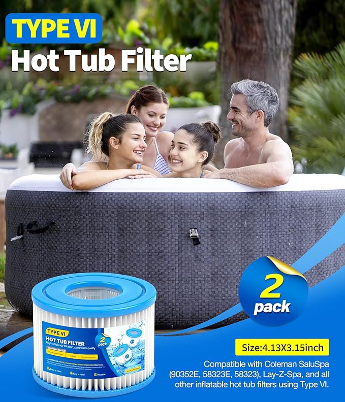Type VI Hot Tub Filter Cartridges (2Pack) | Spa Filters Replacements for Hot Tub Compatible with Lay-Z-Spa & Coleman SaluSpa 90352E 58323 90427E | Reusable & Superior Filtration Performance
