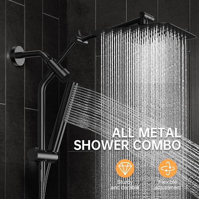 Veken All Metal 10" Black Shower Head with Handheld, Luxurious Square Double Rain Shower Heads with Power Wash Hand Held,Dual High Pressure Detachable Rainfall Showerhead with Arm,Bathroom,Matte Black