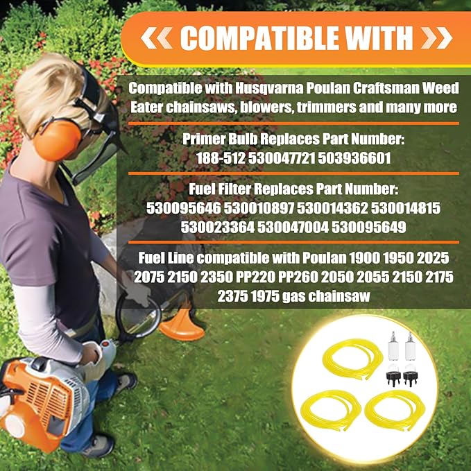 Podoy Fuel Line with Primer Bulb Fuel Filter kit Compatible with Zama Poulan Homelite Craftman Husqvarna Ryobi Carburetor Chainsaw Trimmer Repower Kit