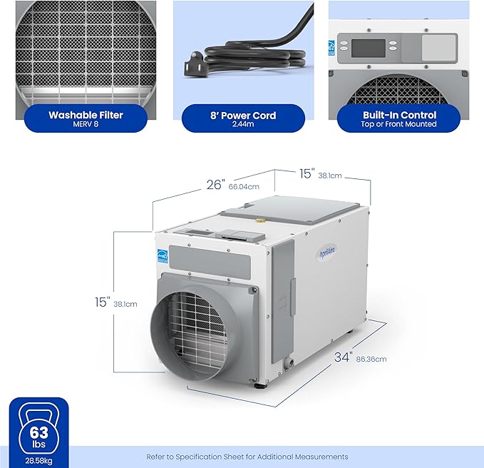 AprilAire E080 Whole House Dehumidifier for Basement & Crawl Space – 80-Pint High-Capacity Commercial Dehumidifier for Homes Up to 4,400 Sq. Ft. with Pump, Drain Hose, & Hanging Kit for DIY Install