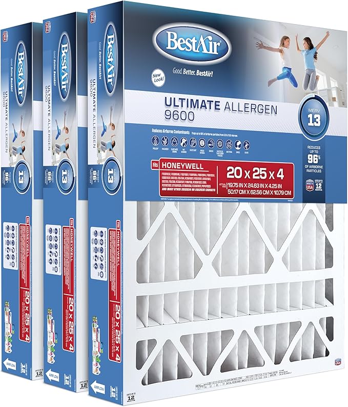 BestAir HW2025-13R AC Furnace Air Filter, 20" x 25" x 4", MERV 13, Removes Allergens & Contaminants, Fits 100%, For Honeywell Models, Pack of 3