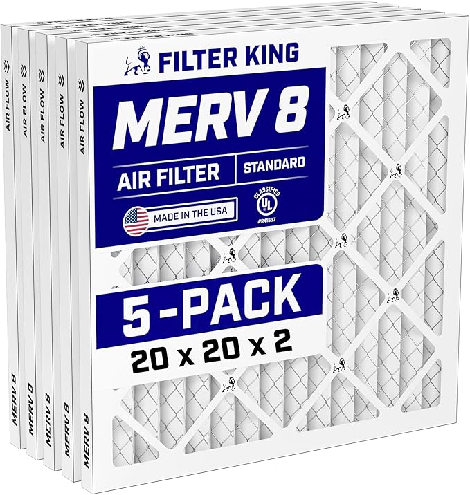 Filter King 20x20x2 Air Filter (MERV 8) (5-Pack) Dust & Allergy Control AC Furnace Filters, MADE IN USA, HVAC, Pleated, Electrostatic (Actual Size: 19.5 x 19.5 x 1.75)