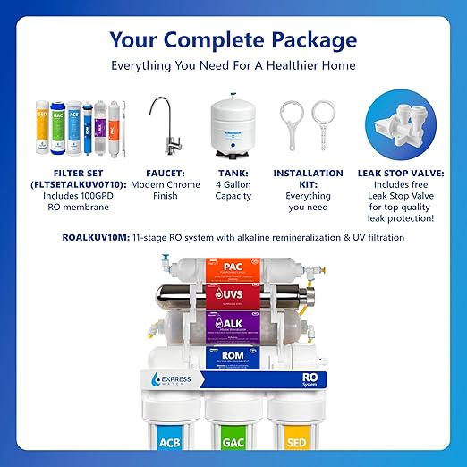 Express Water ROALKUV10M 11-Stage Alkaline Under Sink Reverse Osmosis Water Filter System, UV Filter, NSF Certified 372, 100 GPD, Deluxe Chrome Faucet