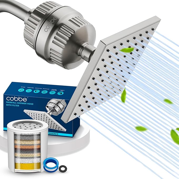 Cobbe High Pressure Filtered Shower Head Combo, Rain Shower Head with 20 Stage Shower Head Filter for Hard Water - Adjustable Replacement Remove Chlorine and Harmful Substances, Brushed Nickel
