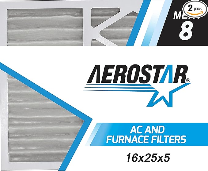 Aerostar 16x25x5 MERV 8 - 2 Count - High Efficiency Pleated HVAC, Furnace & Air Conditioner Filters - Removes Dust, Lint, Mold & Allergy-Causing Pollen