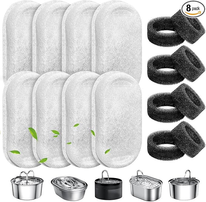 Cat Water Fountain Filters, 8 Pack Pet Replacement Filters with 8 Sponges for Stainless Steel 67oz/2L, 108oz/3.2L and 135oz/4.0L Faucet-Shaped Pet Water Fountain Dog Water Dispenser