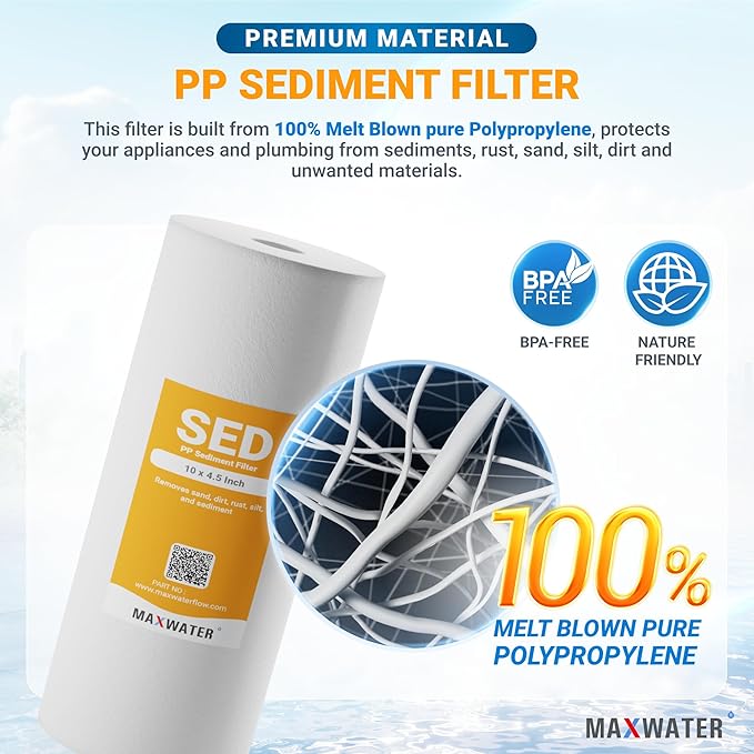 Max Water 10 Micron 10 x 4.5 inch Whole house Sediment Water Filter | Meltblown Polypropylene Well Water Filter Replacement Cartridges for DGD-5005, AP810, SDC-45-1001, GXWH30C, PP10BB (4 Pack)