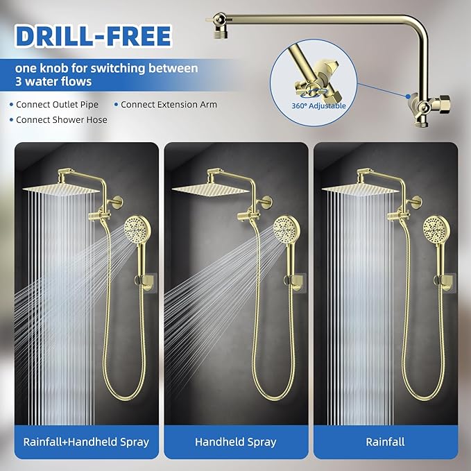 All Metal Shower Head, 10" High Pressure Rainfall/Handheld Shower Combo with 11" Extension Arm, 10-Spray Handheld Showerhead, 71" Long Hose, 3-Way Diverter Valve, Shiny Gold