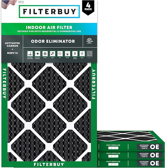 Filterbuy 12x25x1 Air Filter MERV 10 Odor & Allergy Defense with Activated Carbon (4-Pack), Electrostatic Pleated HVAC AC Furnace Filters Replacement, Made in USA (Actual Size: 11.75 x 24.75 x 0.75)