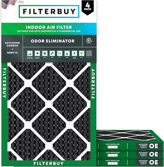 Filterbuy 16x25x1 Air Filter MERV 10 Odor & Allergy Defense with Activated Carbon (4-Pack), Electrostatic Pleated HVAC AC Furnace Filters Replacement, Made in USA (Actual Size: 15.50 x 24.50 x 0.75)