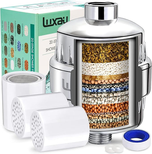 20 Stage Shower Filter w/ 3 Cartridge, Shower Head Filter, Reduce Well Hard Water Chlorine Heavy Metal & Impurity, Improve Skin Hair, Fit Most Handheld Showerhead Fixed Rainfall, Chrome