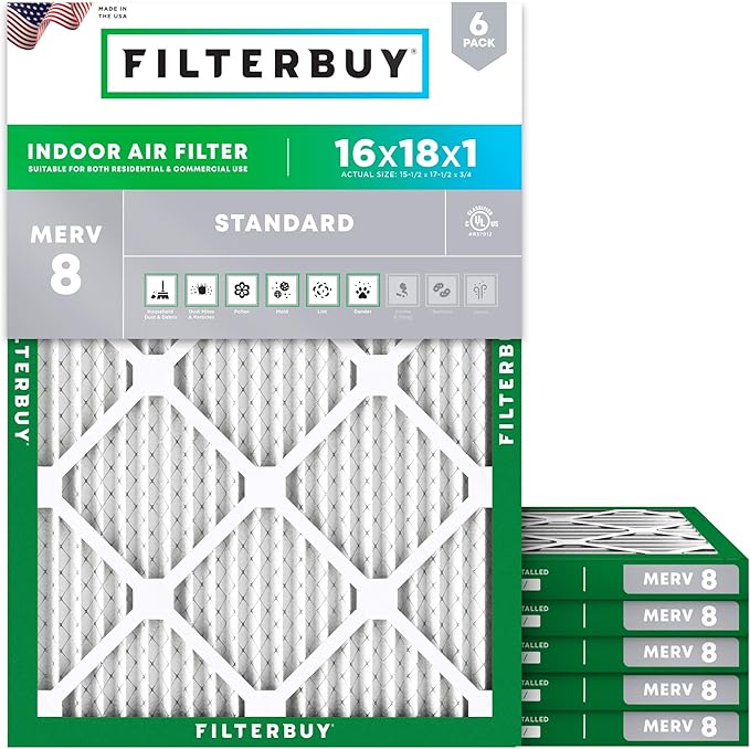 Filterbuy 16x18x1 Air Filter MERV 8 Essential Dust & Allergy Defense (6-Pack), Electrostatic Pleated HVAC AC Furnace Filters Replacement, Made in USA (Actual Size: 15.50 x 17.50 x 0.75)