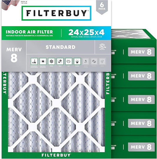 Filterbuy 24x25x4 Air Filter MERV 8 Essential Dust & Allergy Defense (6-Pack), Electrostatic Pleated HVAC AC Furnace Filters Replacement, Made in USA (Actual Size: 23.75 x 24.75 x 3.63)