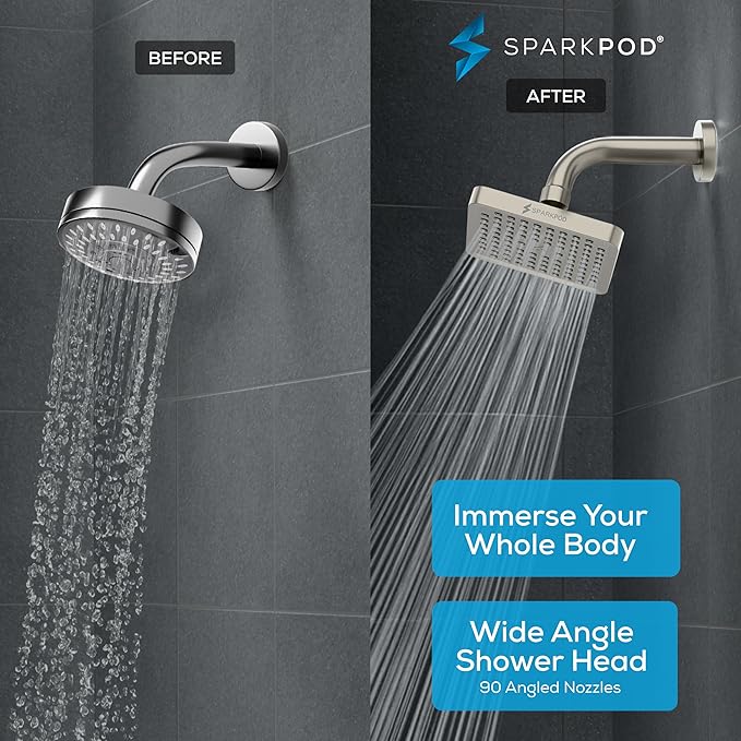 SparkPod Shower Head - High Pressure Rain - Premium Quality Luxury Design - Easy Clean Adjustable Replacement for Your Bathroom Shower Heads (Elegant Brushed Nickel, 8 Inch Square)