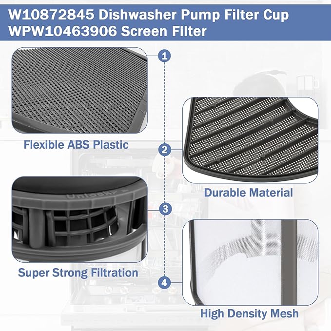 W10872845 Dishwasher Pump Filter Cup WPW10463906 Screen Filter Compatible with Whirlpool Kenmore Amana Kitcheniad Dishwasher 8579307,W10056425,W10142911,W10056426,W10463906, W10195360