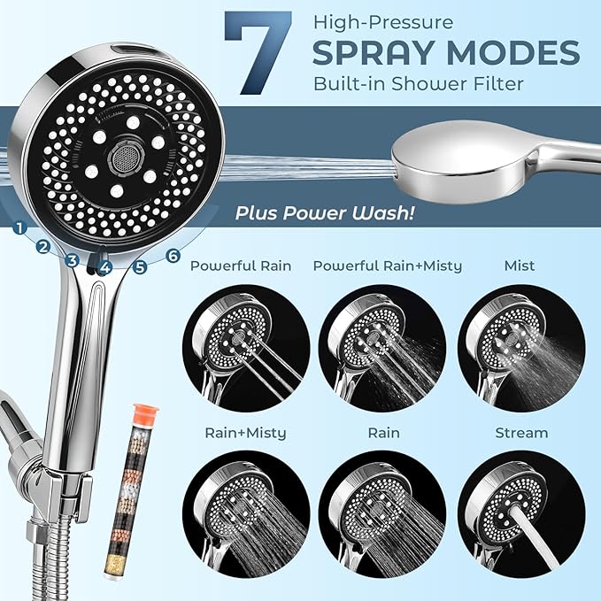 Filtered High Pressure 7-Function Shower Head with Handheld – 5.24" Spray Nozzles, 59" Stainless Steel Hose & Adjustable Shower Holder for Full Body Coverage Chrome