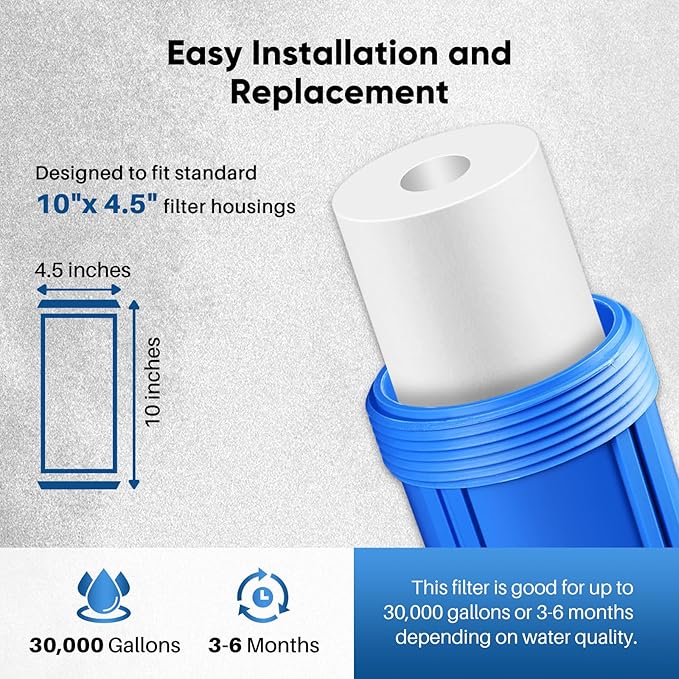 PUREPLUS 5 Micron 10" x 4.5" Whole House Sediment Home Water Filter Replacement Cartridge for DGD-5005, RFC-BBSA, HD-950, WFHD13001B, W15-PR, GXWH30C, GXWH35F, Aqua-Pure AP817, PP10BB, 2PACK