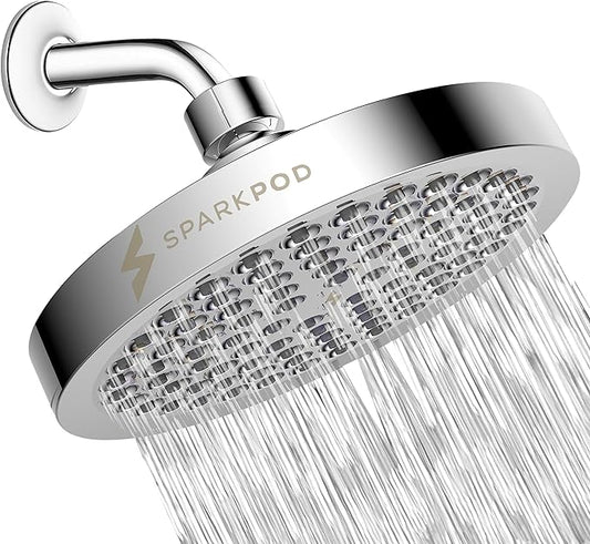 SparkPod Shower Head - High Pressure Rain - Premium Quality Luxury Design - Easy Clean Adjustable Replacement for Your Bathroom Shower Heads (Polished Chrome Finish, 6 Inch Round)