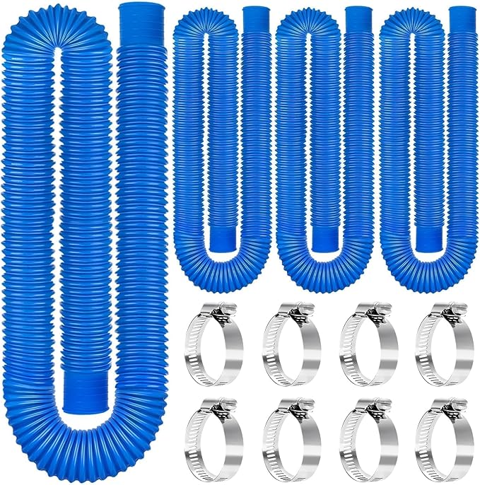 Replacement Pool Hoses for Above Ground Pools, 1.25"×59" Long Filter Pump Hose, 4 Pack Pool Pump Hose with 8 Metal Clamps (Blue)