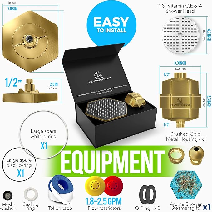AquaHomeGroup Luxury Filtered Shower Head Set - 20 Stage Filter Reduces Chlorine, Heavy Metals and Sediment - Vitamin C E and A - Brushed Gold