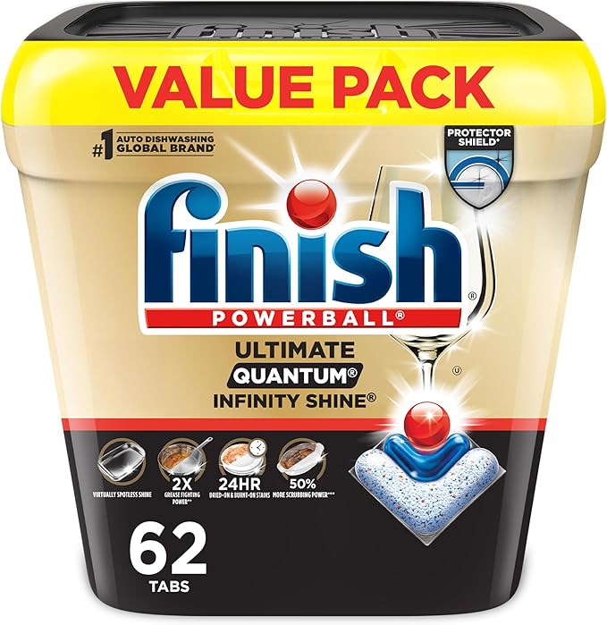 Finish Ultimate Quantum Infinity Shine Dishwasher Pods, New & Improved Formula, Dishwasher Detergent Dish Soap, Removes Burnt-On & Dried-On Stain, Fresh Scent, 62 Count