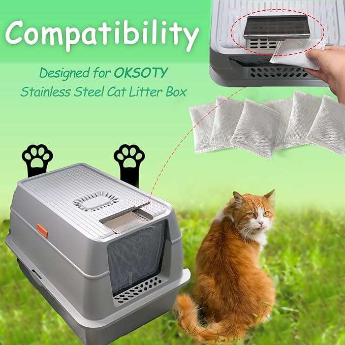 PurifyLogix Activated Charcoal Odor Absorber Bags Compatible with OKSOTY Stainless Steel Cat Litter Box, Natural Coconut shell Charcoal Bags, Absorb Odors/Control Damp from Pets/Keep Home Fresh（6PCS）