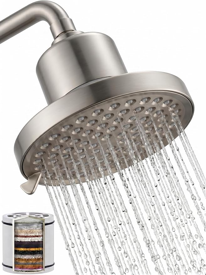 360 Degree Rotated Shower Head Brushed Nickel＆ Filter COMBO ! Anti - Chlorine Hard Water Filtered Shower Heads- 7 Sprays High Pressure Showerheads with 25 Stage Filtration for Adult and Baby