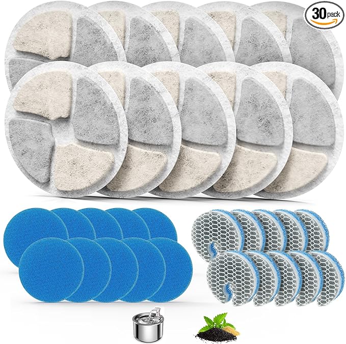 Stainless Steel Cat Water Fountain Filters, 10 Pack Replacement Filters Fit for Round 2L/67oz Automatic Pet Fountain, Filter with Triple Filtration System (10+10+10)