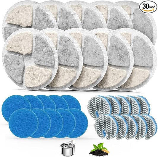 Stainless Steel Cat Water Fountain Filters, 10 Pack Replacement Filters Fit for Round 2L/67oz Automatic Pet Fountain, Filter with Triple Filtration System (10+10+10)