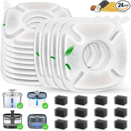 24 Pack Cat Water Fountain Replacement Filters, 12 Pcs Cats Fountain Filters & 12 Pcs Pre-Filter Sponges for 95oz/2.8L 135oz/4L 67oz/2L Automatic Pet Dog Fountain Water Dispenser