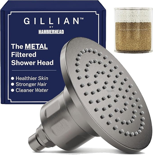 Gillian™ by HammerHead High Pressure Shower Head with Filter – Genuine KDF-55 Filtered Shower Head for Hard Water, Healthier Skin & Hair – Metal 6-Inch Rainfall Showerhead with Filters, Gray
