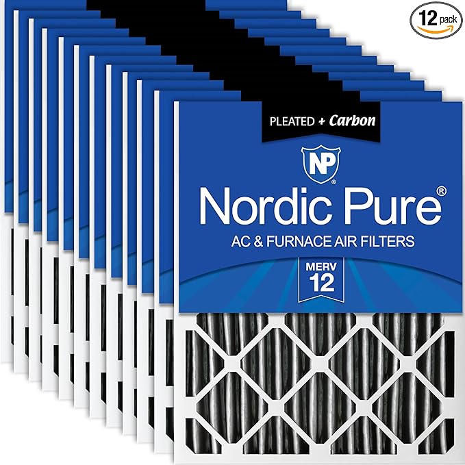 Nordic Pure 20x20x2 (Actual Size: 19 1/2 x 19 1/2 x 1 3/4) Furnace Air Filters MERV 12 Pleated Plus Carbon 12 Pack