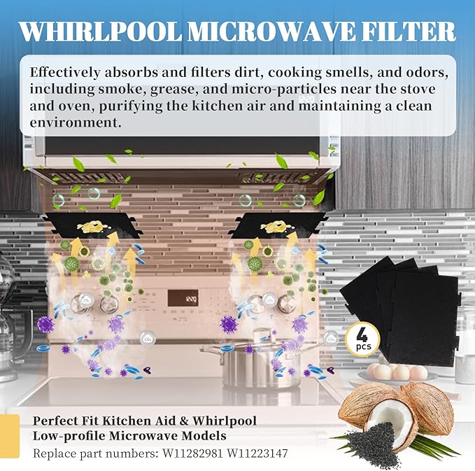 4PCS Replacement Microwave Charcoal Filters - Compatible with Whirlpool and Kitchen Aid Over The Range Microwave Hood Models YKMLS311, YWML55011, WML75011, WML55011HS