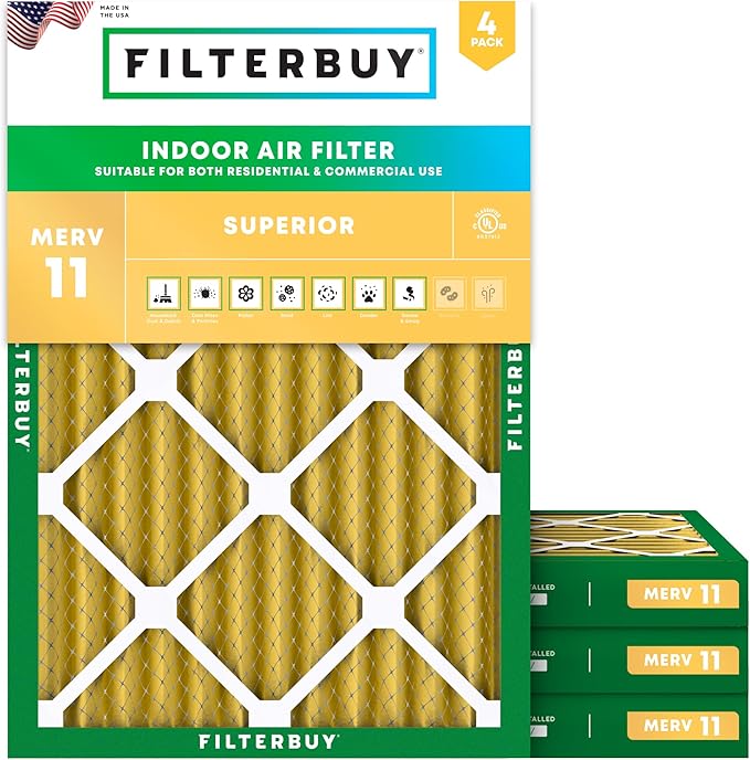 Filterbuy 24x28x2 Air Filter MERV 11 Superior Pet & Allergy Defense (4-Pack), Electrostatic Pleated HVAC AC Furnace Filters Replacement, Made in USA (Actual Size: 23.50 x 27.50 x 1.75)