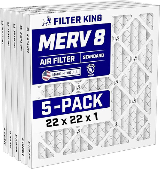 Filter King 22x22x1 Air Filter (MERV 8) (5-Pack) Dust & Allergy Control AC Furnace Filters, MADE IN USA, HVAC, Pleated, Electrostatic (Actual Size: 22 x 22 x .75)