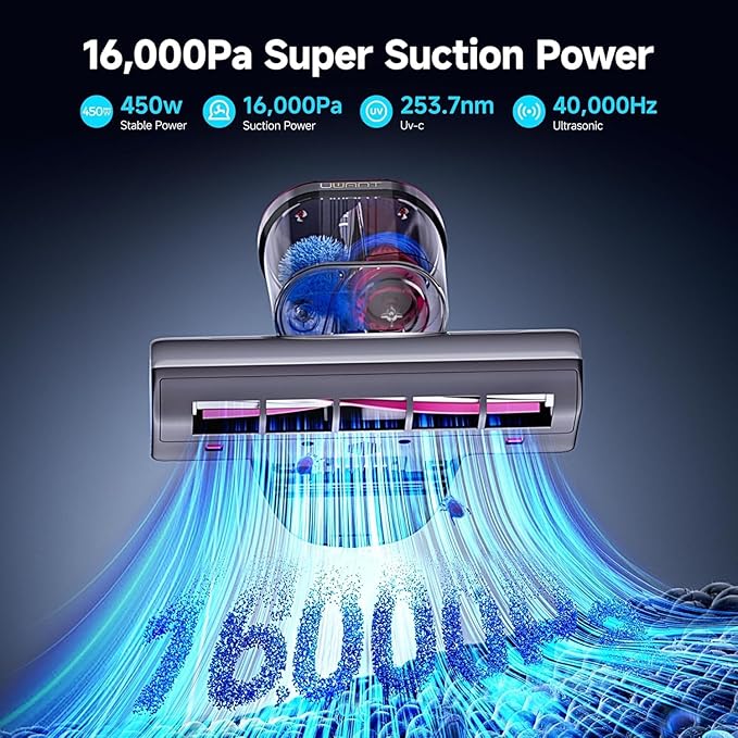 uwant Mattress Vacuum Cleaner, 16KPa 450W Suction Bed Vacuum Cleaner with 253.7nm UV-C Light & Ultrasonic, 149°F Heat, 36000 RPM/Min Tapping, HEPA Filter for Bed Sofa Crib