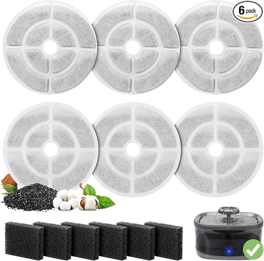 6 Pack Replacement Filters for 2.5Gal/9.5L Dog Water Fountain, GISOFIK 18CM Larger Cat Water Fountain Filters, Coconut Activated Dog Fountain Filters, Pet Fountain Filter Replacement(6 Pump Filters)