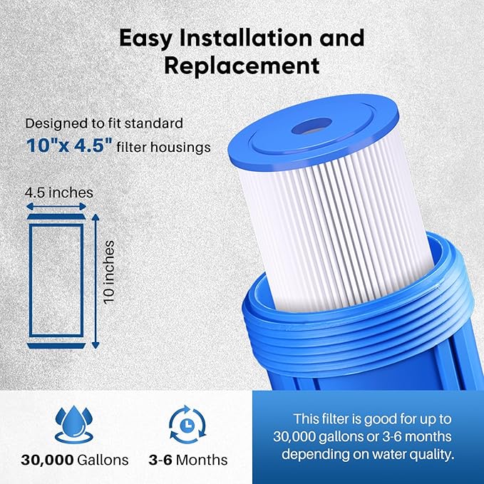 PUREPLUS 30 Micron 10" x 4.5" Whole House Pleated Sediment Filter for Well Water, Replacement Cartridge for GE FXHSC, Culligan R50-BBSA, Pentek R50-BB, DuPont WFHDC3001, W50PEHD, GXWH40L, 3Pack