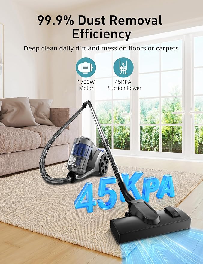 Aspiron 1700W Canister Vacuum Cleaner, 45Kpa Bagless Vacuum Cleaner, Multi-Cyclonic Filtration, 2 Anti-Allergen HEPA Filters, 3.5QT Dust Cup, 4 Tools, No Hair Tangles for Hard Floor, Pet Hair, Navy